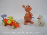 Three Vintage Hard Plastic Toys, Carnival Toy Mfg Duck, Easter Unlimited Bunny Carrot Racer and Wind