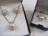 Gold Tone and Faux Pearl/CZ Necklace, Earring and Ring (size 6.5)