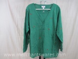 Quacker Factory Green Cardigan with Embroidered Cardinals, Size 1X, 12oz