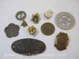 Assorted Tokens and Pins including AAA Patrol Service Badge, PRR PA Railroad Transit Token, Girl