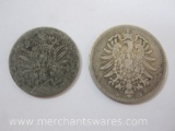 Two Vintage German Coins including Silver 1875 1 Mark (5.3 g) and 10 Pfennig
