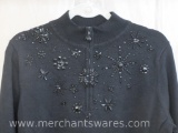 Black Quacker Factory Cardigan with Dazzle Design and Zipper Neck, Size Large