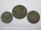 Three Russian Silver Coins including 1904 20 Kopeks, 1906 15 Kopeks, and 1912 10 Kopeks, 7.9 g total