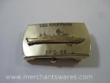 USS Kauffman FFG-59 Solid Brass Belt Buckle, 2 oz