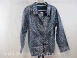 Susan Graver Style Teal/Silver Animal Print Button Front Lined Over Shirt, Size: XL, 12 oz