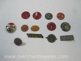 Assorted Vintage Pins and Tobacco Tabs including Comic Book Flash Pin, 1964 I'm a Beatle Bug Pinback