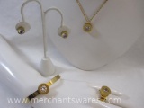 Gold Tone CZ Jewelry Set with Earrings, Size 6.5 Ring, Hinged Bracelet and Necklace
