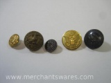 Five Vintage Buttons including Military Buttons from SA French, Waterbury and more and 1920s