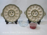 Two Tara Deviled Egg Trays with Pyrex and Temptations Storage Bowls