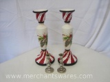 Four Candle Stick Holders, 2 Ceramic Pinecone and Holly Motif 12 inch, 2 Metal 4 inch
