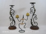 Three Candle Stands, Two Copper Tone Ivy Leaf Pattern and Wire Dancing Stick Man Figure