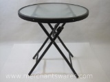 Round Folding Side Table, Brown Metal with Tempered Glass Top, 18 inch Diameter, 19.5 inches Tall