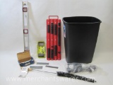 Tools and Parts in Plastic Waste Basket includes Johnson 24 inch Aluminum Bubble Level 243,