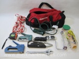 Husky Tool Bag with Contents, Simpson Amp Clamp Mod 296, Extension Cord, Pittsburgh Pipe Wrench and