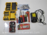 Tool Assortment includes DeWalt 12v Charger and Bit Sets, Screwdrivers, Pipe Wrenches and more