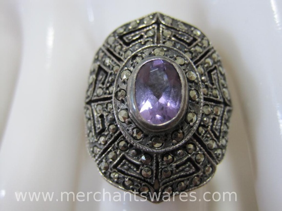 Sterling Silver Marcasite/Purple Gemstone Open Work Ring, Size 7