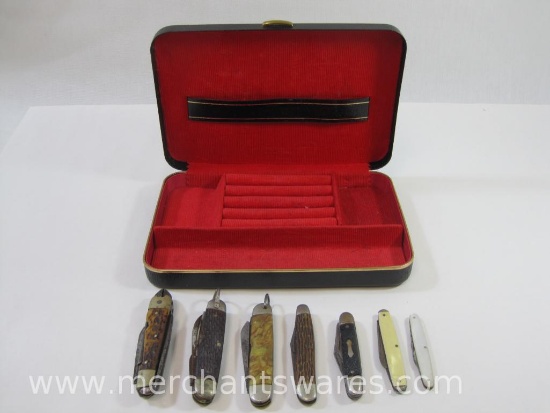 Assortment of Vintage Knives in Jewelry Case, Barnett Plier-Knife, Boy Scout Official, Kent and A.