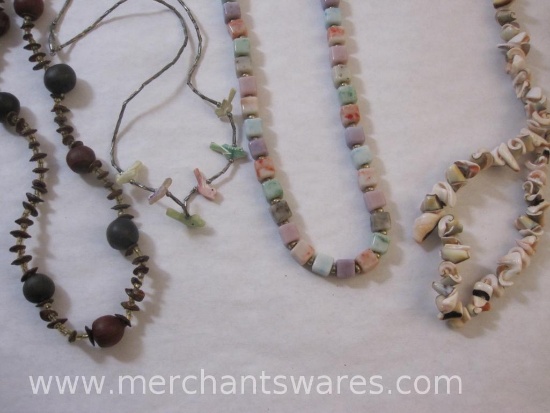 Four Natural Material Necklaces, Shells, Wood, Stone etc