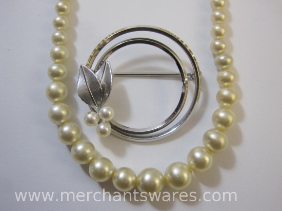 Faux Pearl Strand with Sterling Silver Clasp and Krementz Pearl Accented Pin