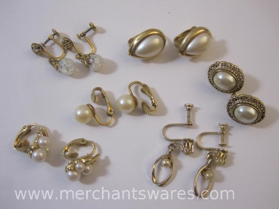 Vintage Clip On Earrings Including Wishbone Pair and Faux Pearl Accented Earrings, 1oz