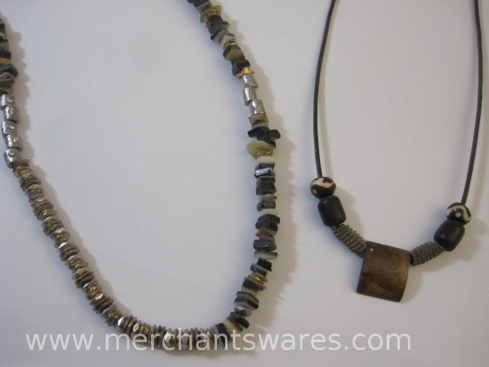 Two Brown, Gray and Metallic Necklaces, Larger has Stone Beads and Metal Beads, 4oz