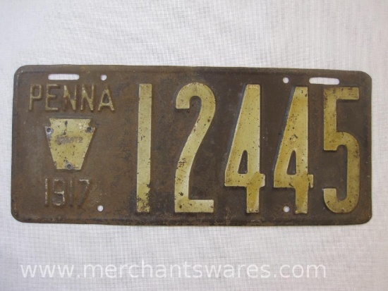 Antique 1917 Pennsylvania Metal Embossed License Plate 12445, see pictures for condition, 15 oz