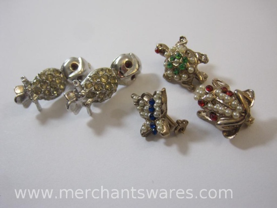 Five Rhinestone Studded Animal Pins including Turtle (see pictures AS IS), Owl and Frog