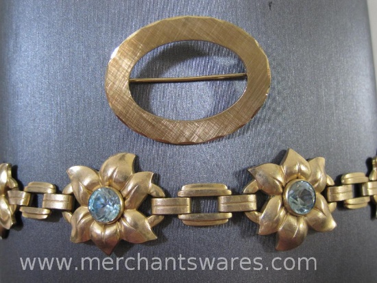 14K Gold Filled Oval Pin and 10K GF Flower Link Bracelet with Light Blue Gemstones