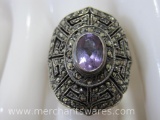 Sterling Silver Marcasite/Purple Gemstone Open Work Ring, Size 7