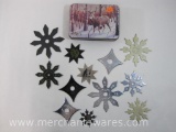 Assorted Throwing Stars and Shuriken in Whitetail Print Tin Box, 1 lb 5 oz