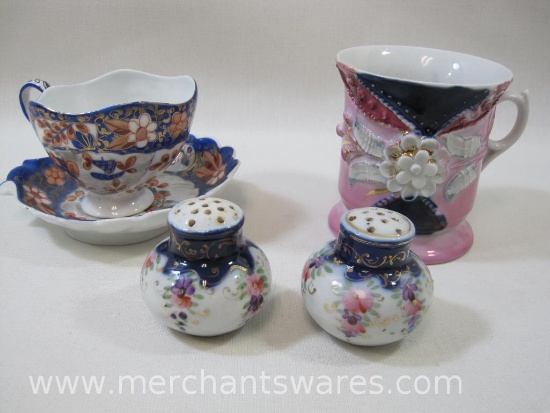 Two Tea Cups with Shell Shaped Saucer, Salt and Pepper Shakers