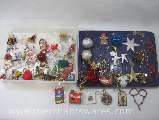 Shallow Plastic Lidded Bin of Christmas Decorations, see pictures for included items