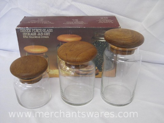 Three Piece Glass Storage Jar Set with Teakwood Covers, New in Box