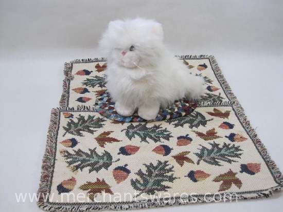 Dakin White Plush Persian Cat with 2 Placemats, Mini Rag Rug