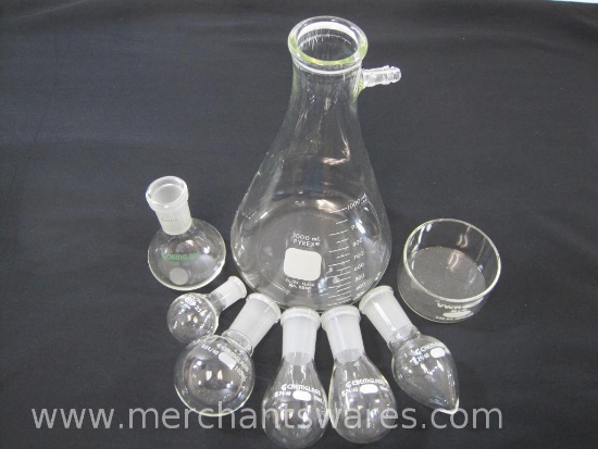 Pyrex 1000 mL Filter Flask with VWR Crystallizing Dish, Chemglass 100 ml Round Flask and more