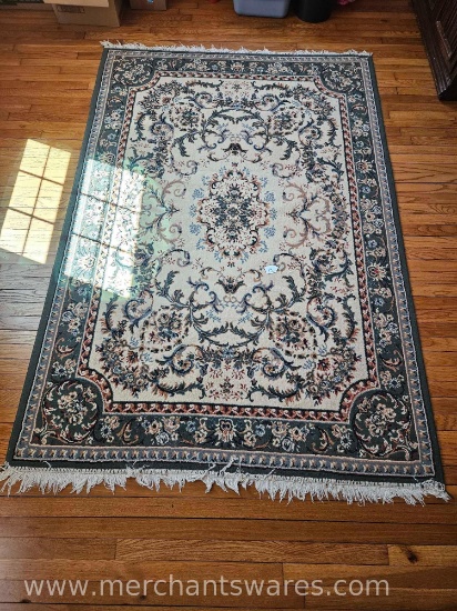 Green/White Patterned Oriental Style Rug, Approximately 57"W x 86"L