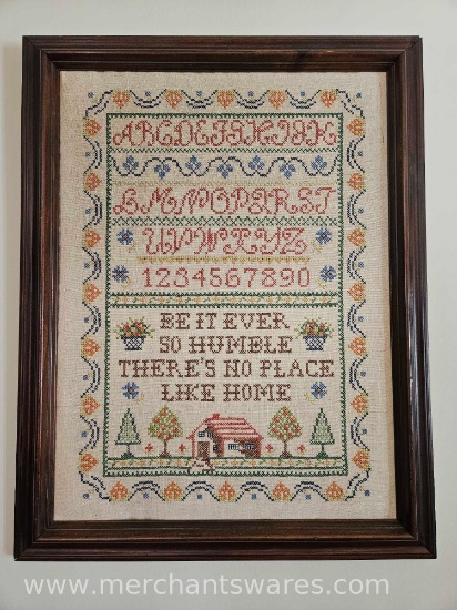 Vintage Needlepoint Sampler in Wood Frame Approx 27"H x 21" W