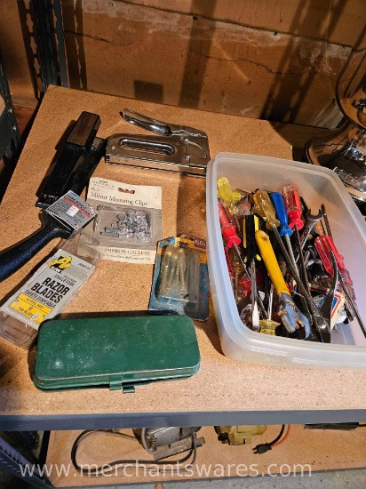 Assorted Tools, Includes Screw Drivers, Staple Gun, Adjustable Wrench, and More