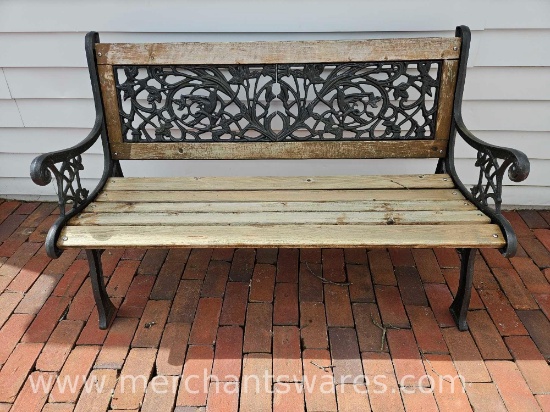 Wrought Ion and Wood Bench, Approximately 4 Ft Wide