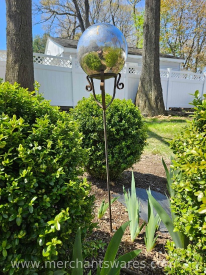 Silver Gazing Ball on Metal Stand, Approx Combined Height 36"