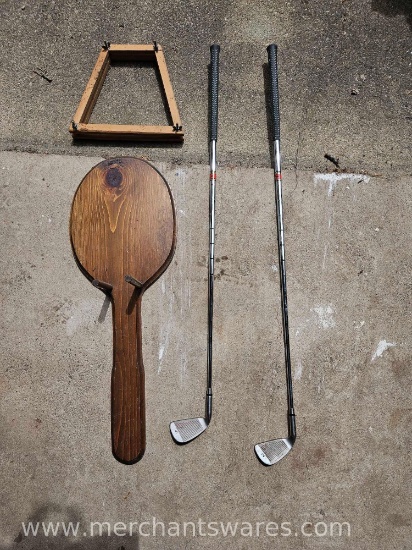 Two Vintage Putters and Wooden Tennis Racket Hanger