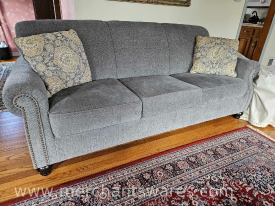 Heather Blue Sofa with Nail Detail and Two Pillows90Wx36Hx24D