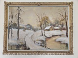 Winter Scene Painting with Ornate Gilt Frame 42Wx33H