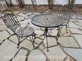 Metal Table with Mesh Top plus Two Metal Chairs
