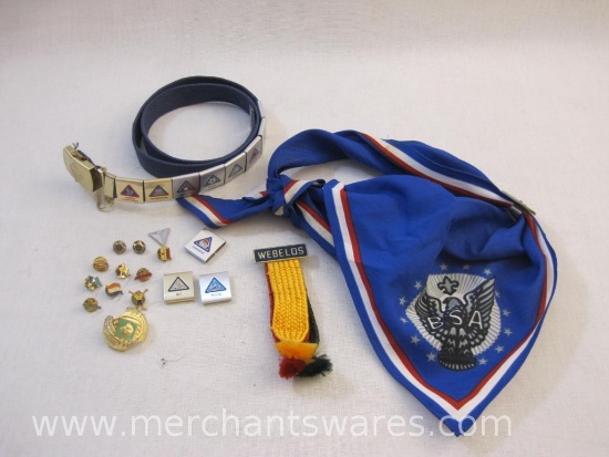 Assorted Boy Scout Items including scarf, belt, Webelos pin, and more ...