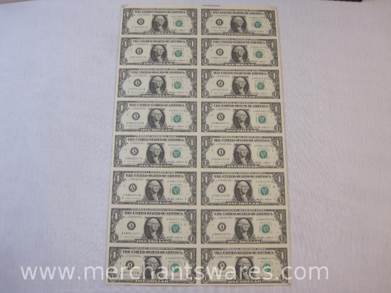 Uncut Sheet of 16 United States One Dollar Bills, 1985 Series, in original packaging, this item may