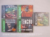 Five PlayStation Games including Army Men 3D, Soviet Strike, Tenchu Stealth Assassins, Army Men Air