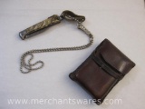 Vintage Leather Pouch and Folding Pocket Knife with Belt Chain, see pictures, 8 oz