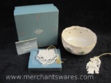 Lenox Holiday Medium Pierced Bowl in Original Box with 2 Ceramic Lenox Ornaments, 1 lb 6 oz