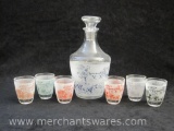 French Decanter and Shot Glass Set with Sailboat and Stagecoach Scenes, 1 lb 12 oz